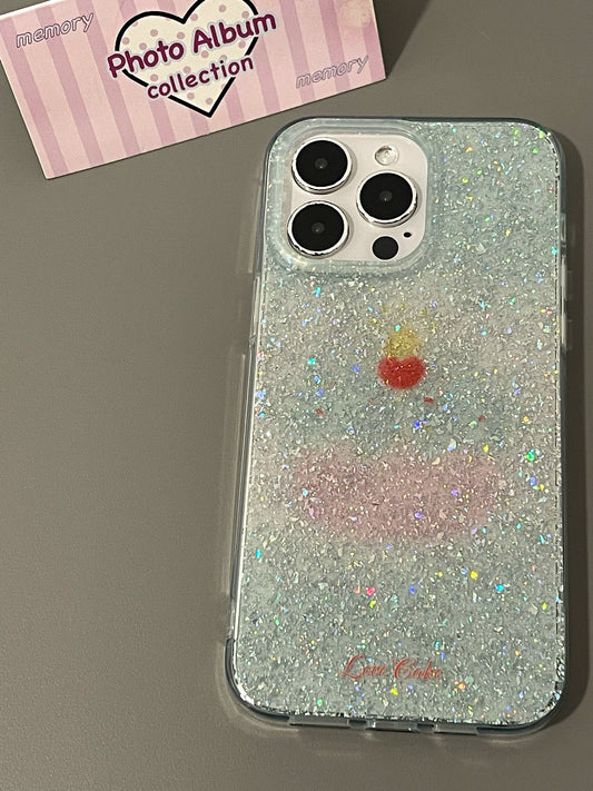 Mint Green Cherry Cake Glitter Aesthetic Phone Case Suitable for iPhone16 iPhone15 iPhone14 iPhone13