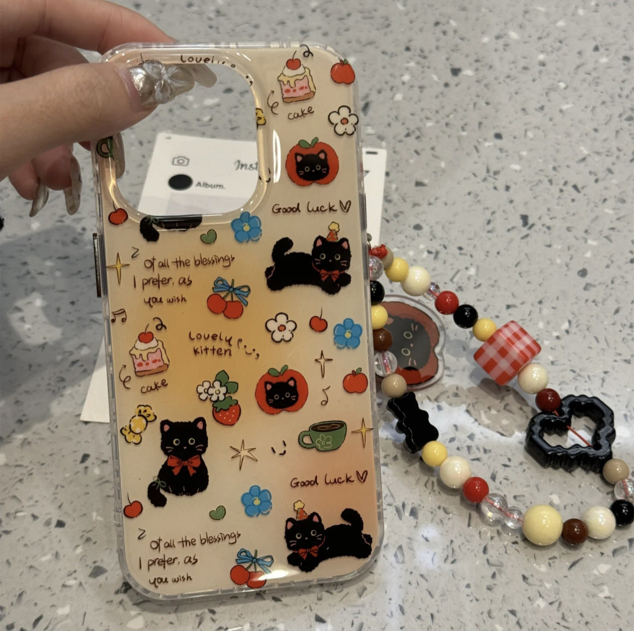 Cartoon Cute Bow Little Black Cat Aesthetic Phone Case Suitable for iPhone16 iPhone15 iPhone14 iPhone13 with Phone Chain Pendant