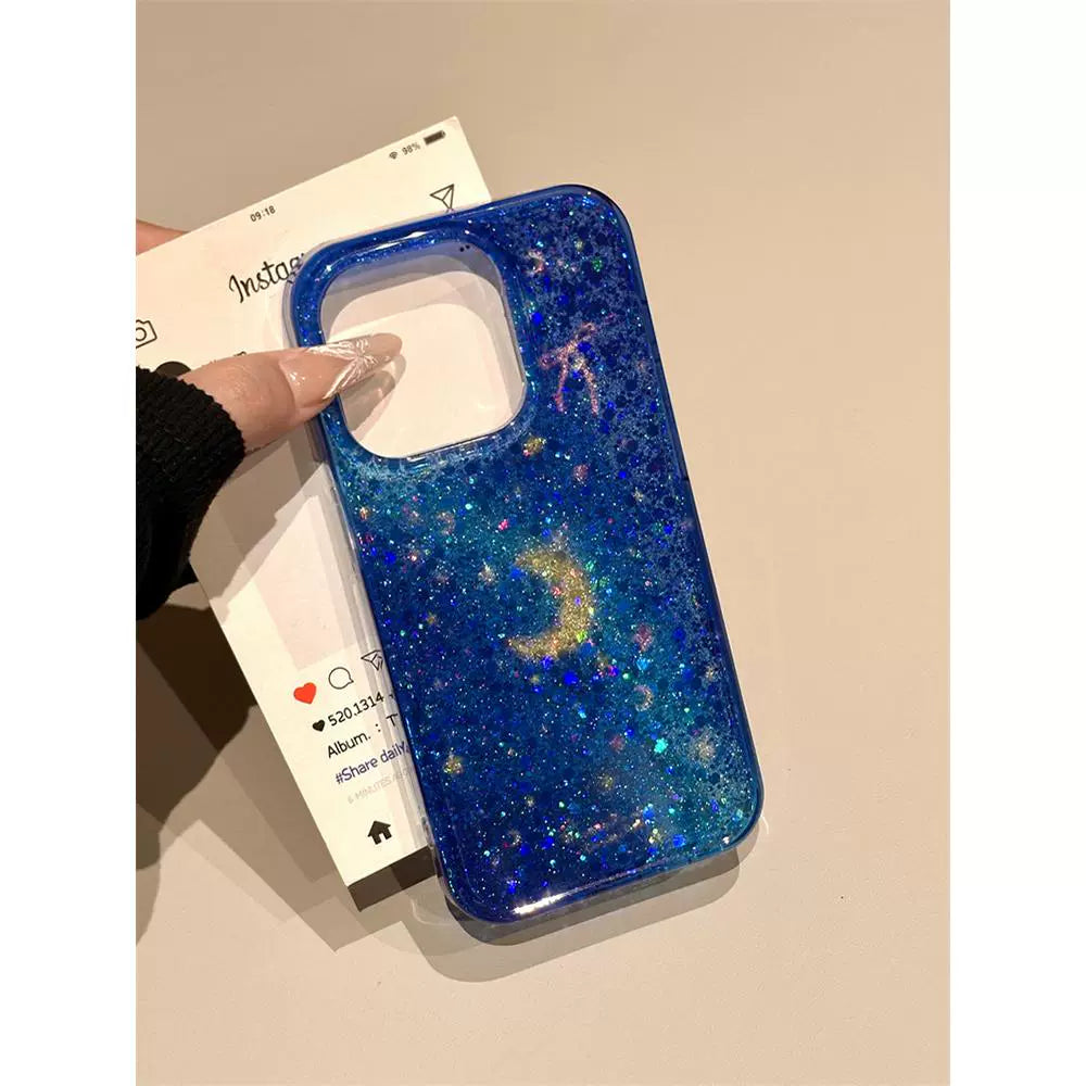 Transparent Blue Sequined Star Bow Glitter Aesthetic Phone Case Suitable for iPhone16 iPhone15 iPhone14 iPhone13