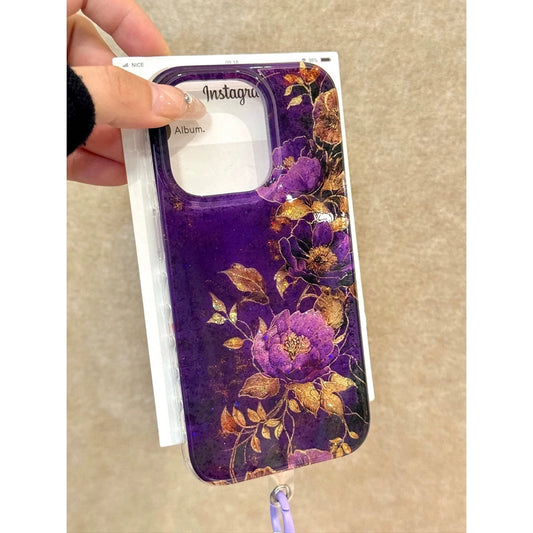 Transparent Purple Golden Peony Purple Bead Chain Aesthetic Mobile Phone Case with Mobile Phone Chain Pendant Suitable for iPhone16 iPhone15 iPhone14 iPhone13