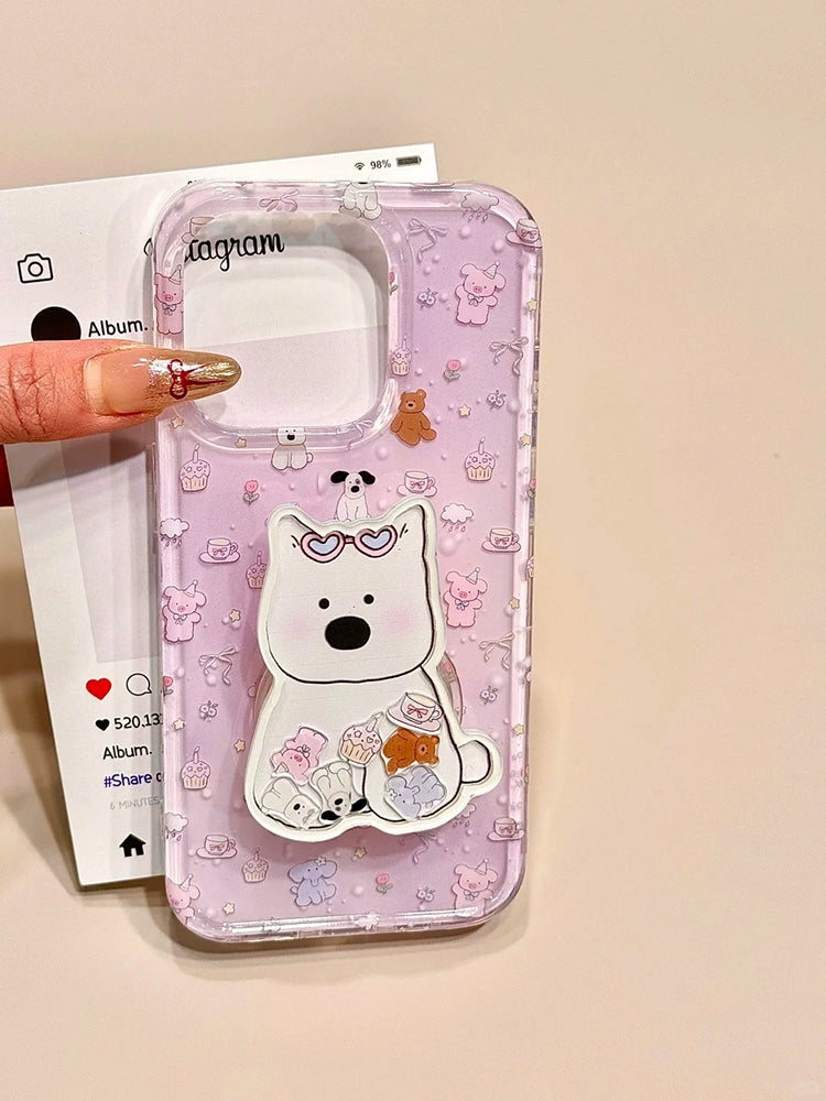 Cute Purple Bottom Small Animal Dog Bracket Aesthetic Mobile Phone Case Suitable for iPhone16 iPhone15 iPhone14 iPhone13