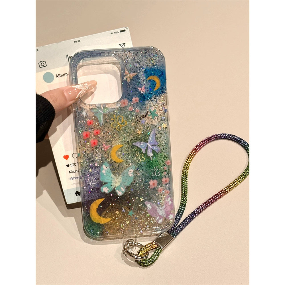 Gradual Change Color Floral Butterfly Illustration Translucent Glitter Aesthetic Mobile Phone Case Suitable for iPhone16 iPhone15 iPhone14 iPhone13