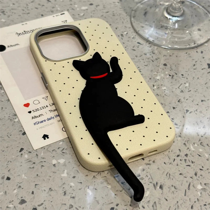 Cute Polka Dot Cat Folding Holder Phone Case Suitable for iPhone16 iPhone15 iPhone14 iPhone13