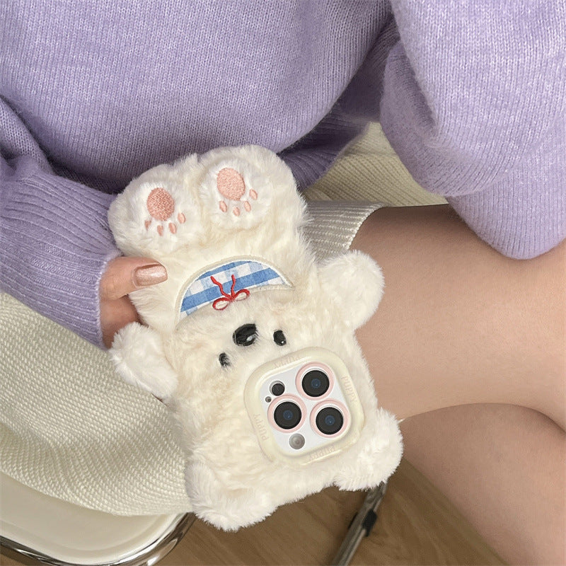 Plush Cute Scarf Puppy Cartoon Phone Case Suitable for iPhone16 iPhone15 iPhone14 iPhone13