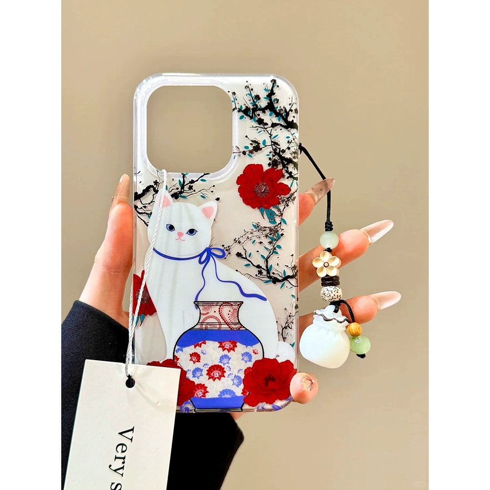 Red Flower Porcelain Vase Cat Money Bag Pendant Cute Aesthetic Phone Case Suitable for iPhone16 iPhone15 iPhone14 iPhone13