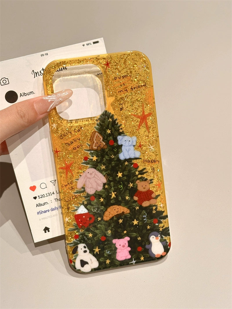 Winter Atmosphere Glitter Christmas Tree Small Animal Double-sided Shell Aesthetic Mobile Phone Case Suitable for iPhone16 iPhone15 iPhone14 iPhone13