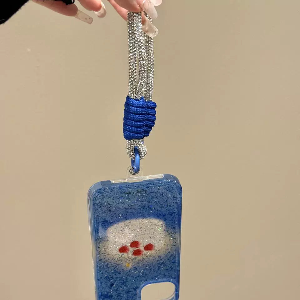 Translucent Cherry Cake Blue Bottom Glitter Shiny Aesthetic Mobile Phone Case with Mobile Phone Chain Pendant Suitable for iPhone16 iPhone15 iPhone14 iPhone13