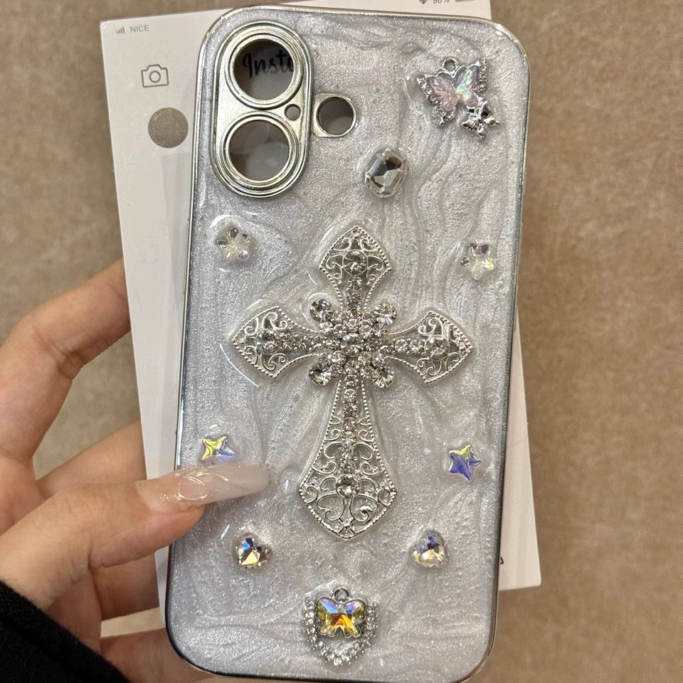 Three-dimensional Cross Diamond Shiny Aesthetic Mobile Phone Case Suitable for iPhone16 iPhone15 iPhone14 iPhone13