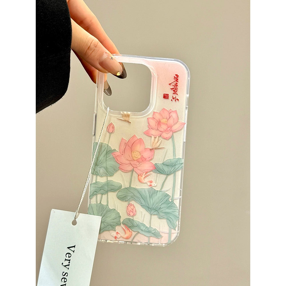 Green Bamboo Butterfly Lotus Koi Aesthetic Mobile Phone Case with Lucky Bag Pendant Suitable for iPhone16 iPhone15 iPhone14 iPhone13