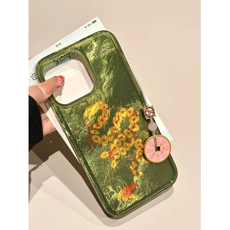 Green Bottom Gold Coin Small Snake Coin Pendant Fortune Lucky Aesthetic Mobile Phone Case with Mobile Phone Chain Pendant Suitable for iPhone16 iPhone15 iPhone14 iPhone13