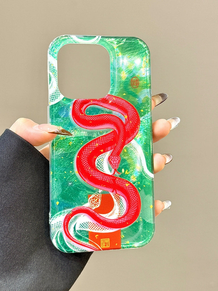 Green Bottom Red Snake Lucky Aesthetic Mobile Phone Case Tinfoil Pattern Mobile Phone Case, Suitable for Apple iPhone16promax iPhone15 iPhone14 iPhone13 Double-layer Chinese Style Spring Festival Mobile Phone Case for The Year of The Snake