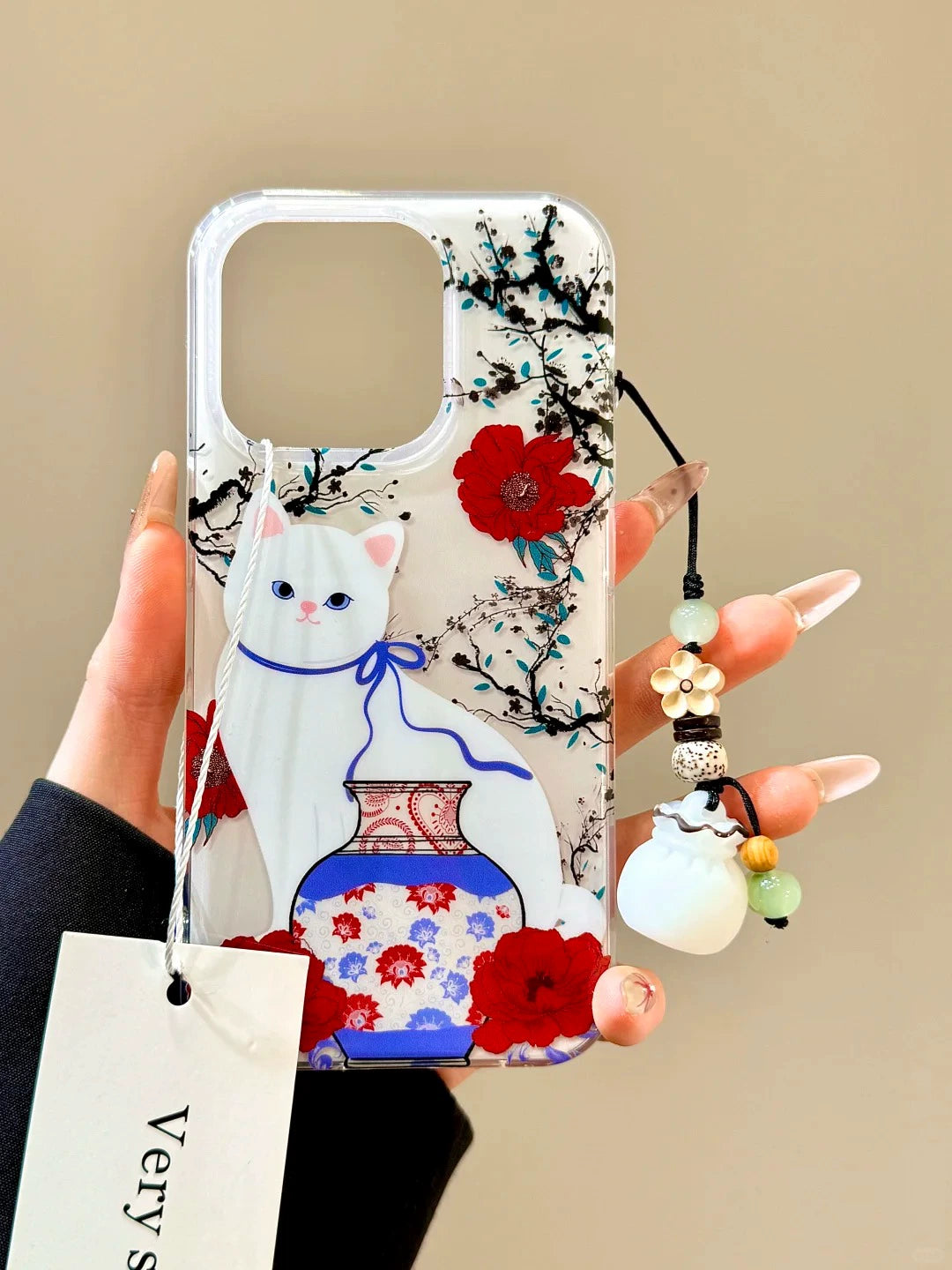 Red Flower Porcelain Vase Cat Money Bag Pendant Cute Aesthetic Phone Case Suitable for iPhone16 iPhone15 iPhone14 iPhone13