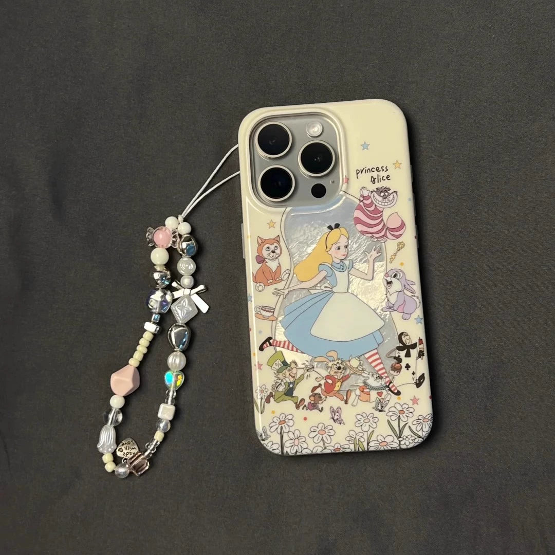 Vintage Cute Fairy Tale Blonde Princess Pocket Watch Mr. Rabbit Mobile Phone Case with Mobile Phone Chain Pendant Suitable for iPhone16 iPhone15 iPhone14 iPhone13