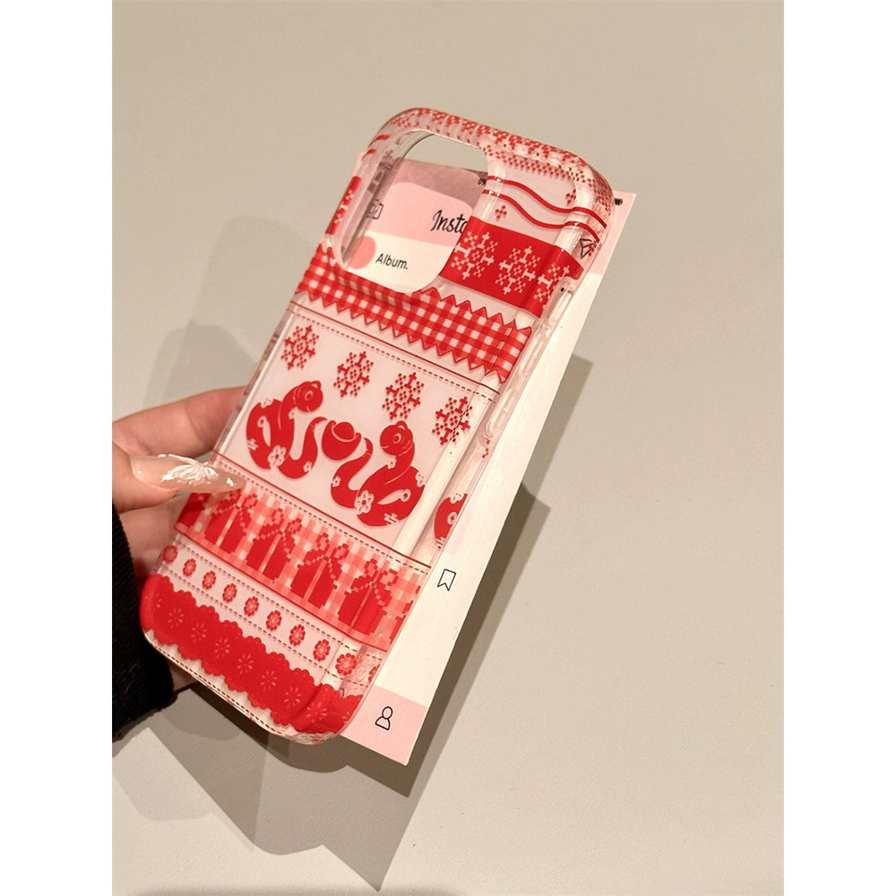 Red Background Snowflake Ingot Snake Lucky Phone Case Suitable for iPhone16 iPhone15 iPhone14 iPhone13