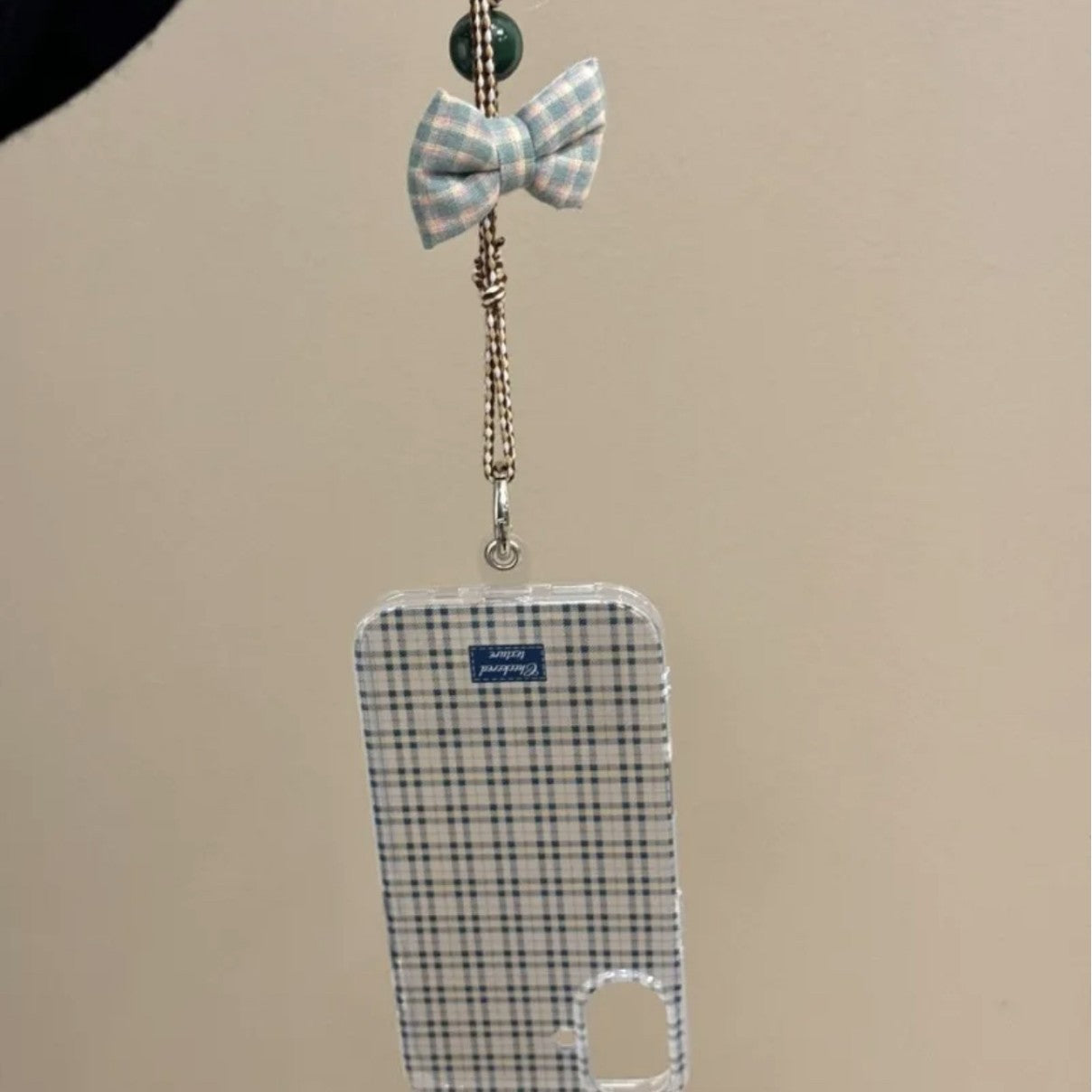 Blue Plaid Bow Translucent Clean Girl Aesthetic Mobile Phone Case with Mobile Phone Chain Pendant Suitable for iPhone16 iPhone15 iPhone14 iPhone13