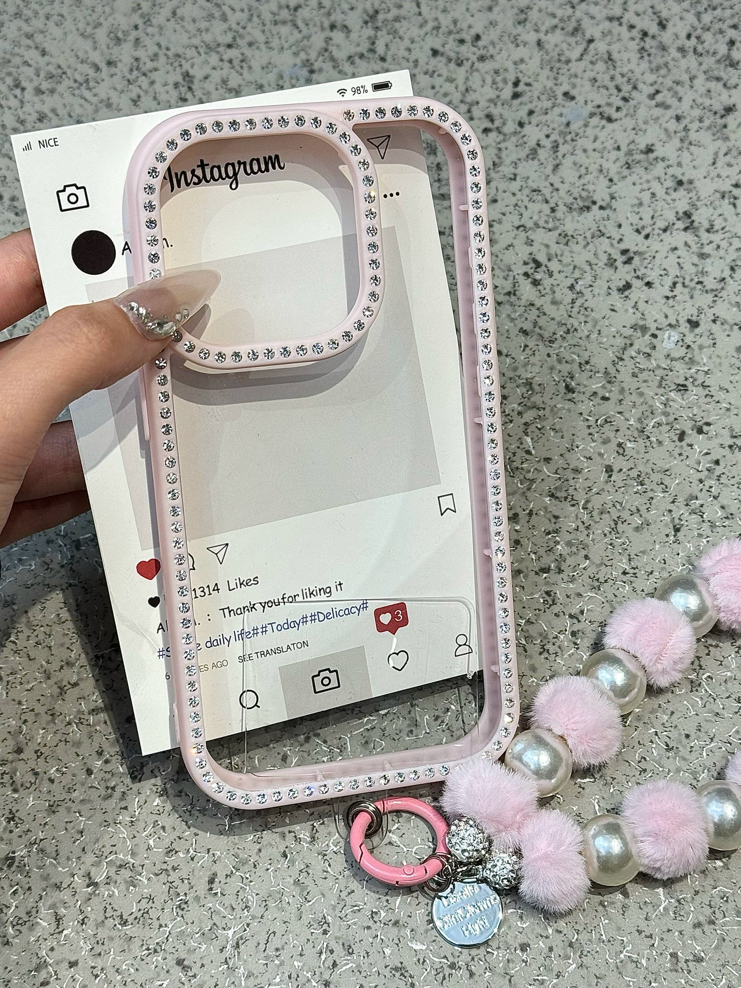 Flash Diamond Premium Pink Border Transparent Mobile Phone Case Protective Case with Mobile Phone Chain Pendant Suitable for iPhone16 iPhone15 iPhone14 iPhone13