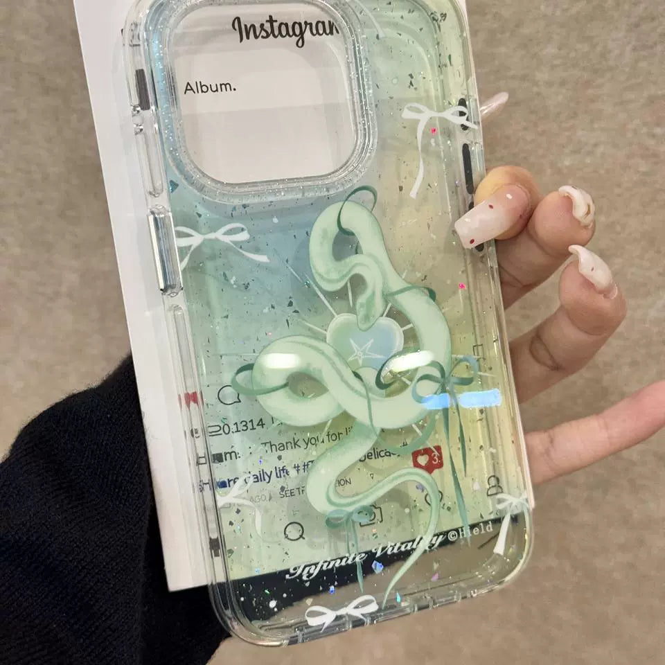 Gradually Change Green Bow Green Snake Transparent Glitter Aesthetic Mobile Phone Case Suitable for iPhone16 iPhone15 iPhone14 iPhone13