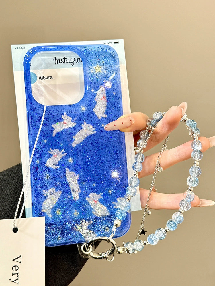 Sequin Glitter Transparent Blue Star Chasing Rabbit Chain Dream Aesthetic Mobile Phone Case Suitable for iPhone16 iPhone15 iPhone14 iPhone13