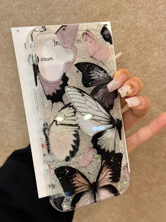 Glitter Full Screen Butterfly Art Aesthetics Mobile Phone Case Suitable for iPhone16 iPhone15 iPhone14 iPhone13