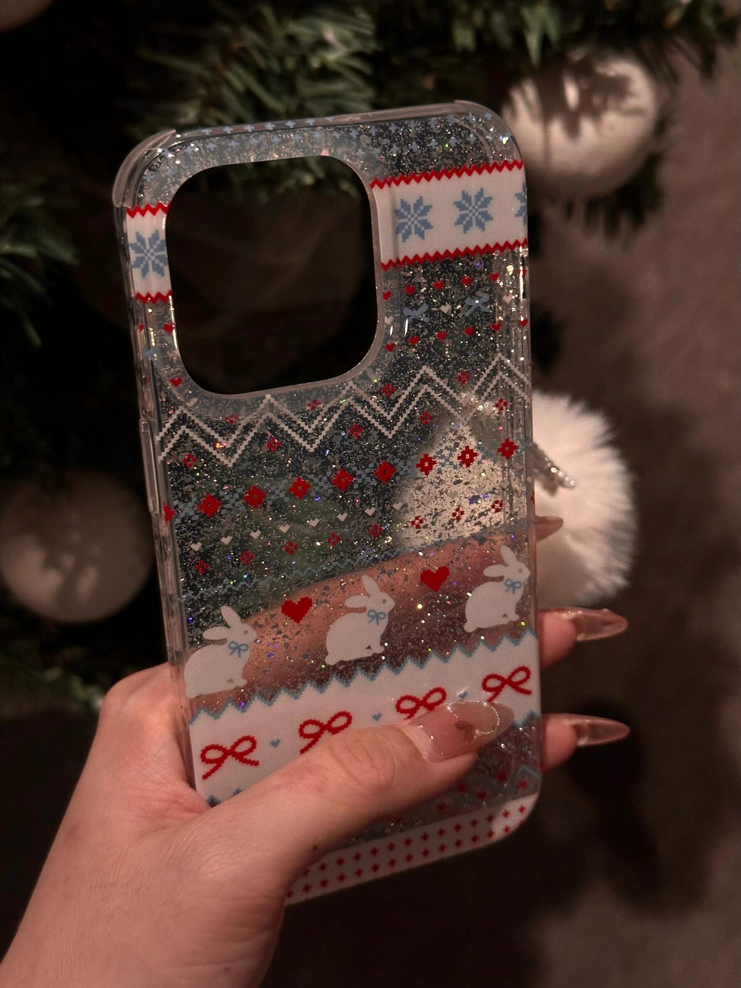 Cute Christmas Wind Transparent Glitter Bow Rabbit Glitter Aesthetic Mobile Phone Case Suitable for iPhone16 iPhone15 iPhone14 iPhone13