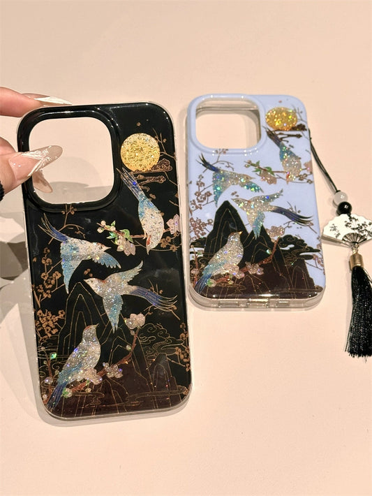 Chinese Style Glitter Lines on Branches Magpie Double-sided Case Aesthetic Mobile Phone Case with Mobile Phone Chain Pendant Suitable for iPhone16 iPhone15 iPhone14 iPhone13