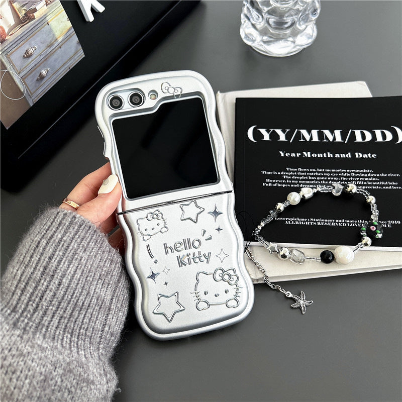 Silver Cat Folding Screen Mobile Phone Case Metal Silver Cute Cartoon Chain Female, Suitable for Samsung Galaxy ZFlip3/4/5