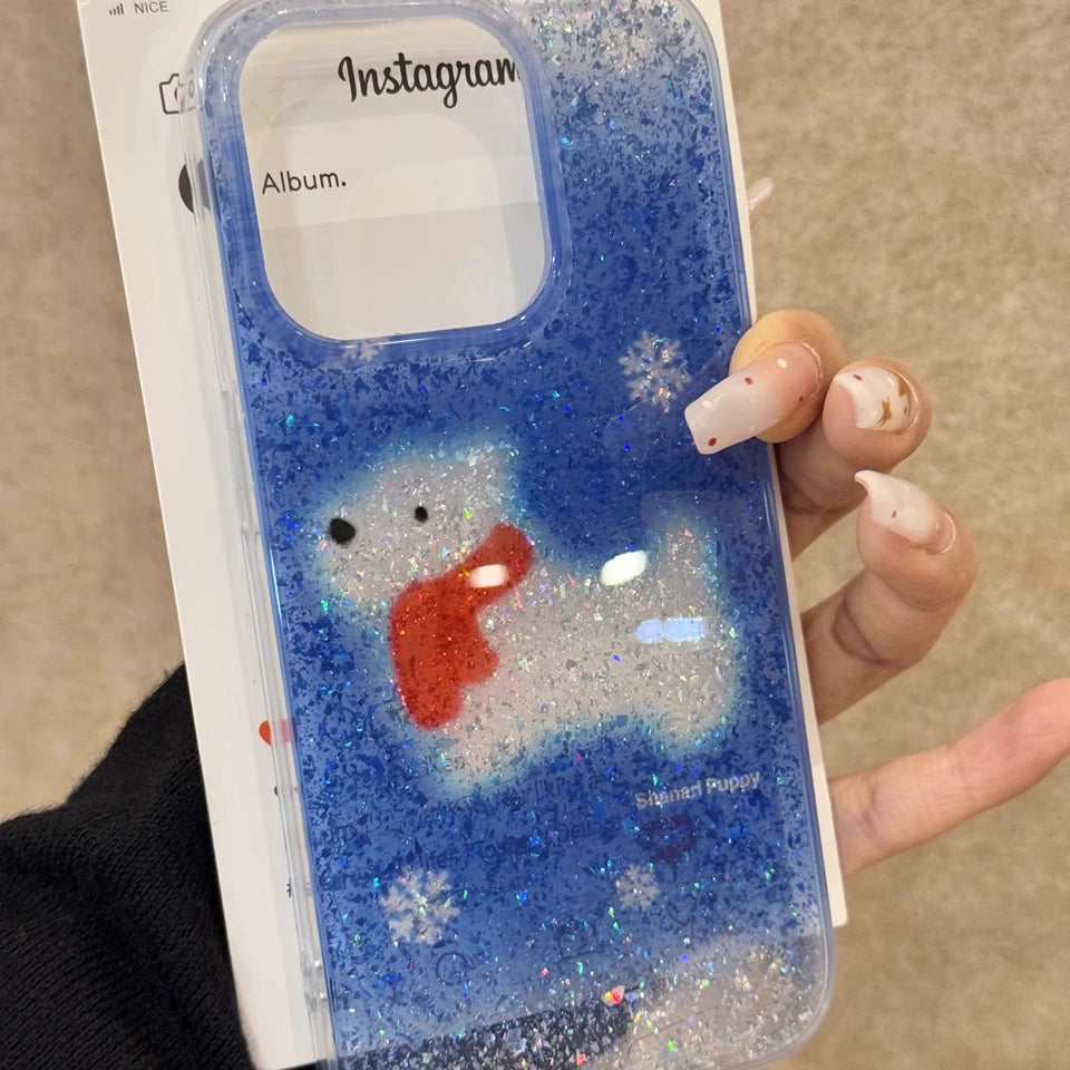 Translucent Blue Glitter Scarf  Little White Dog Cute Phone Case with Phone Chain Suitable for iPhone16 iPhone15 iPhone14 iPhone13