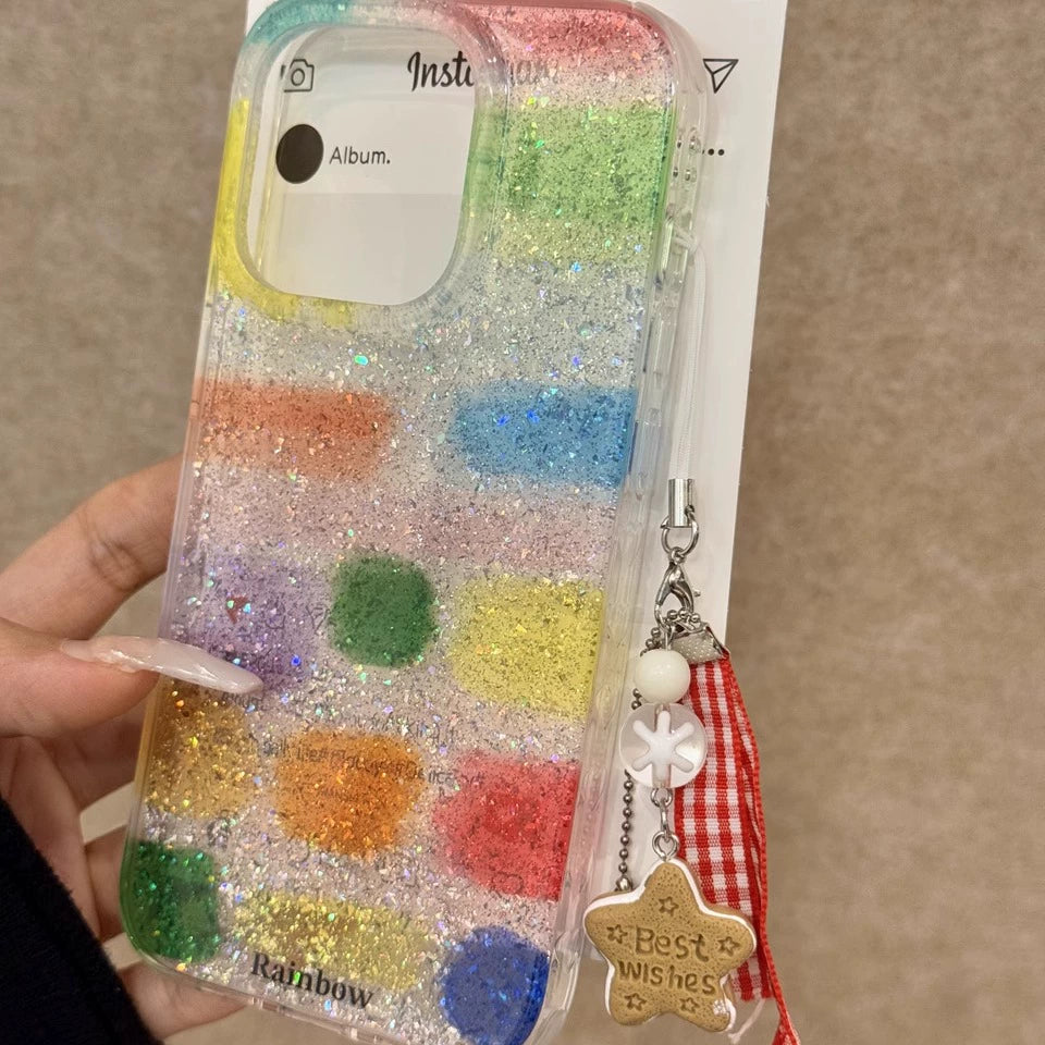 Translucent Glitter Square Color Block Rainbow Color Art Aesthetics Mobile Phone Case with Mobile Phone Chain Pendant Suitable for iPhone16 iPhone15 iPhone14 iPhone13