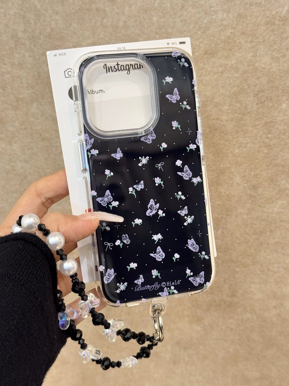 Korean Polka Dot Purple Butterfly Black Background Art Aesthetics Mobile Phone Case with Mobile Phone Chain Pendant, Soft and Sweet Girl Suitable for iPhone16 iPhone15 iPhone14 iPhone13