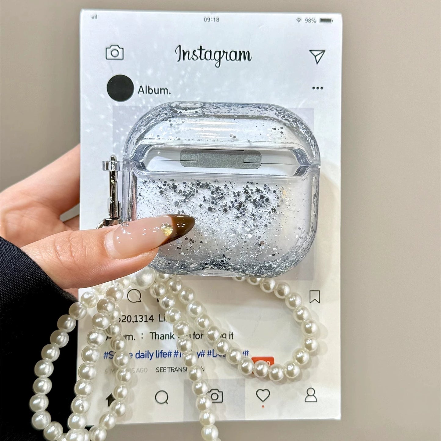 Quicksand Three-dimensional Bow Pearl Chain Earphone Case Bluetooth Earphone Case, Suitable for AirPods3 Protective Case AirPods Third Generation Apple AirPods 1 /2 Generation Pro Wireless Bluetooth Earphone Case Anti-drop Soft