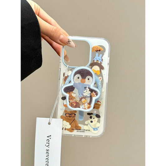 Cute Little Animal Penguin Mobile Magnetic Bracket Mobile Phone Case Suitable for iPhone16 iPhone15 iPhone14 iPhone13