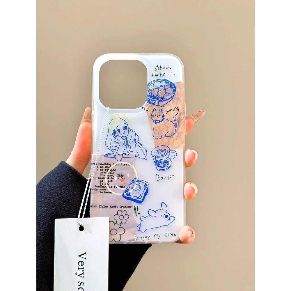 Blue Line Cat Girl Illustration Cute Phone Case Suitable for iPhone16 iPhone15 iPhone14 iPhone13