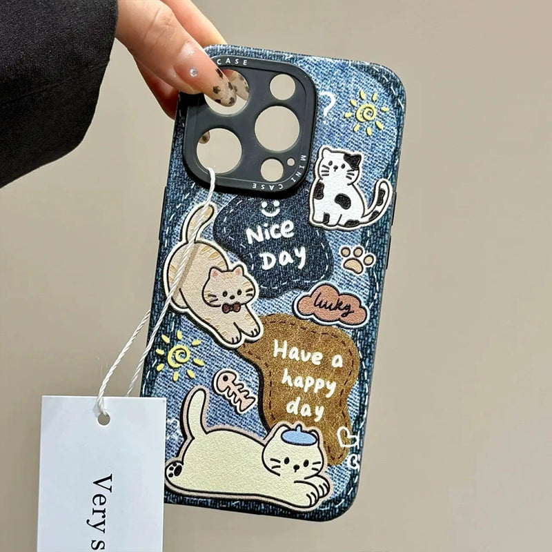 Retro Denim Blue Cat Dog Bracelet Cute Phone Case with Phone Chain Pendant Suitable for iPhone16 iPhone15 iPhone14 iPhone13