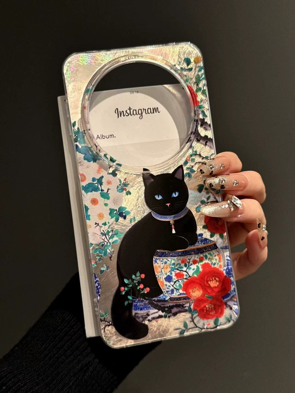 Chinese Style Creative Red Peony Porcelain Black Cat Lucky Aesthetic Mobile Phone Case, Huawei Mate70pro New Pura70 Anti-drop Mate60