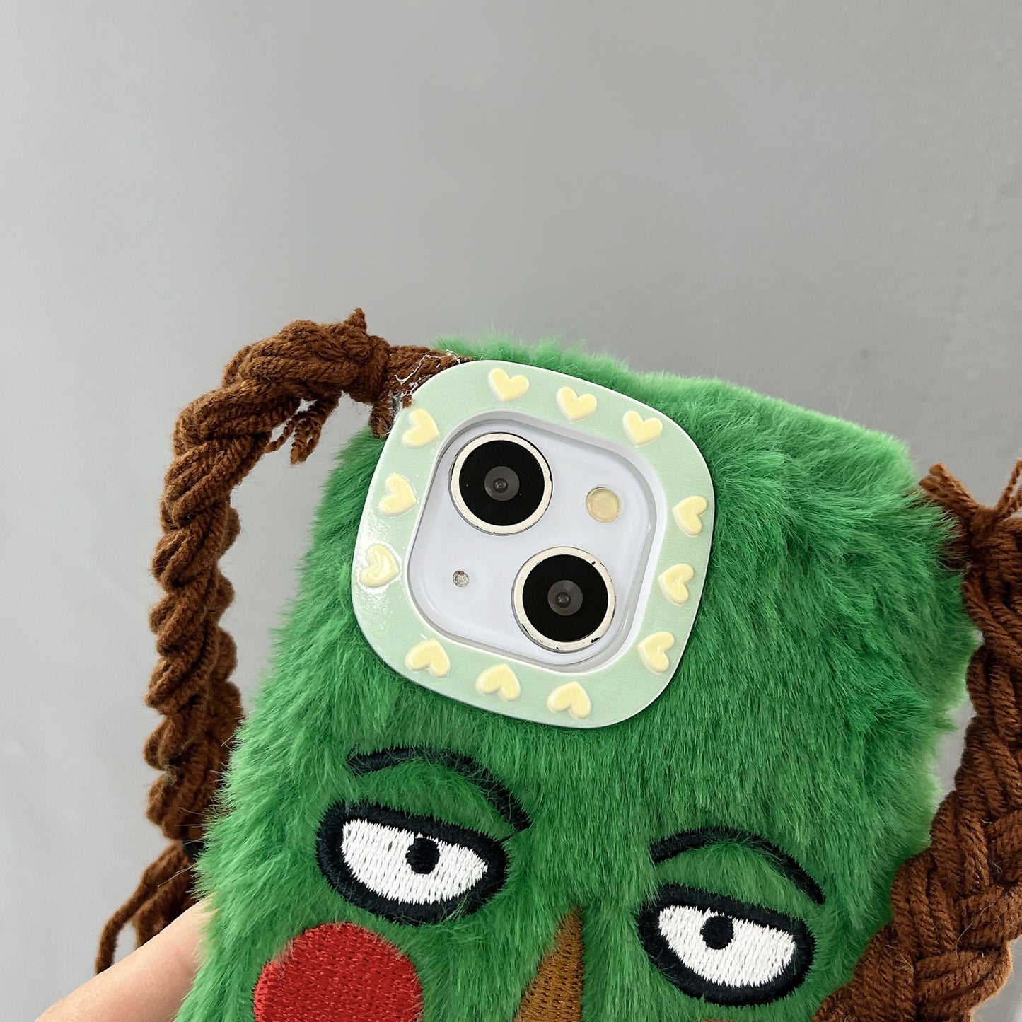 Plush Funny Green Ugly Phone Case with Braids Suitable for iPhone16 iPhone15 iPhone14 iPhone13