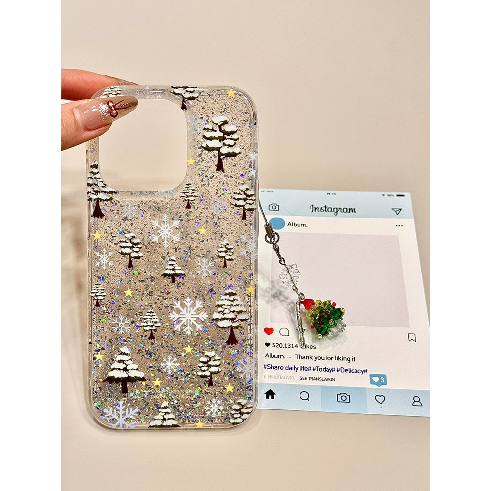 Winter Atmosphere Glitter Powder Snowflake Pine Transparent Mobile Phone Case with Pendant Suitable for iPhone16 iPhone15 iPhone14 iPhone13