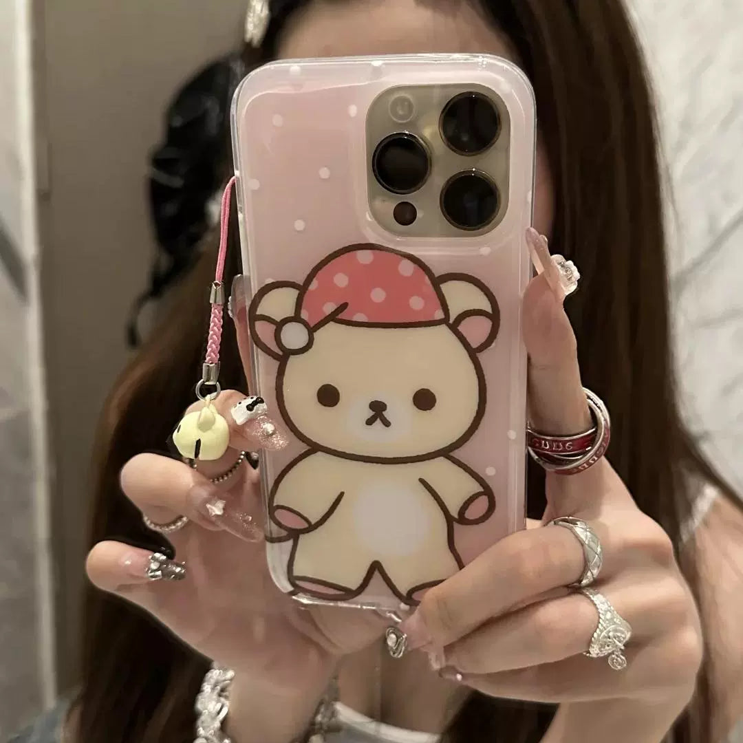 Cute Cartoon Bear Yellow Pink Mobile Phone Case with Mobile Phone Rope Bell Pendant Suitable for iPhone16 iPhone15 iPhone14 iPhone13