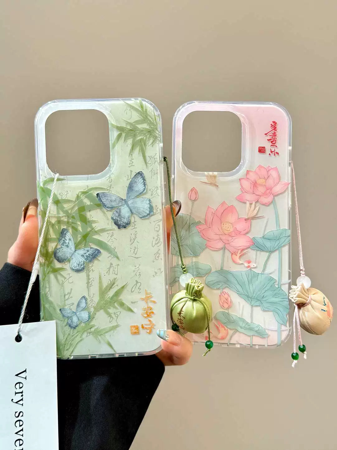 Green Bamboo Butterfly Lotus Koi Aesthetic Mobile Phone Case with Lucky Bag Pendant Suitable for iPhone16 iPhone15 iPhone14 iPhone13