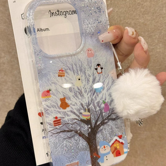 Winter Snow Scene Snow Tree Penguin Snowman Cute Little Animal Aesthetics Mobile Phone Case with Mobile Phone Chain Pendant Suitable for iPhone16 iPhone15 iPhone14 iPhone13