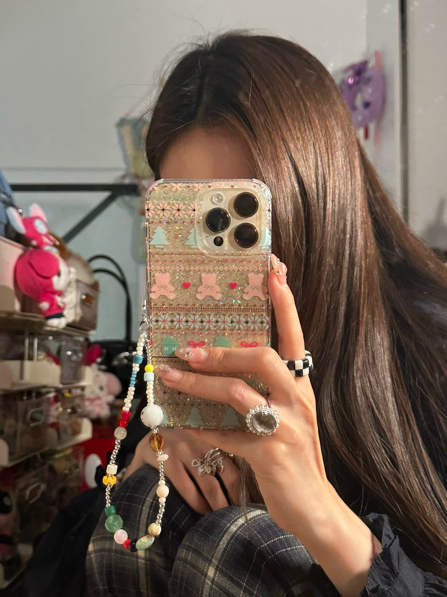 Glitter Snowflake Cute Bear Striped Aesthetic Mobile Phone Case with Mobile Phone Chain Pendant Suitable for iPhone16 iPhone15 iPhone14 iPhone13