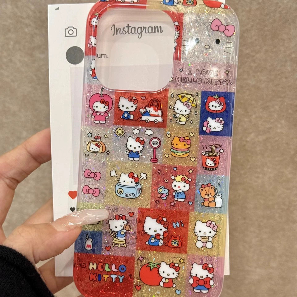 Cartoon Glitter Splicing Kt Cute Aesthetic Mobile Phone Case Suitable for iPhone16 iPhone15 iPhone14 iPhone13