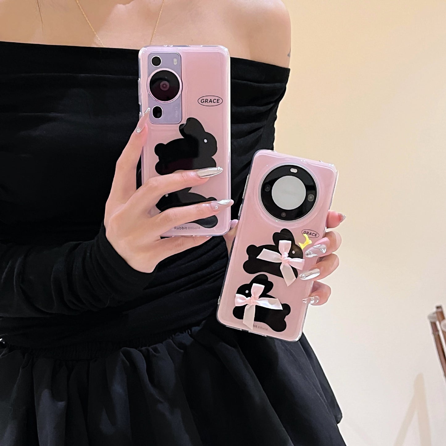 Pink Black Rabbit Bow Cute Aesthetic Mobile Phone Case, Suitable for Huawei Mate60pro Mate40pro/mate50pro Anti-drop