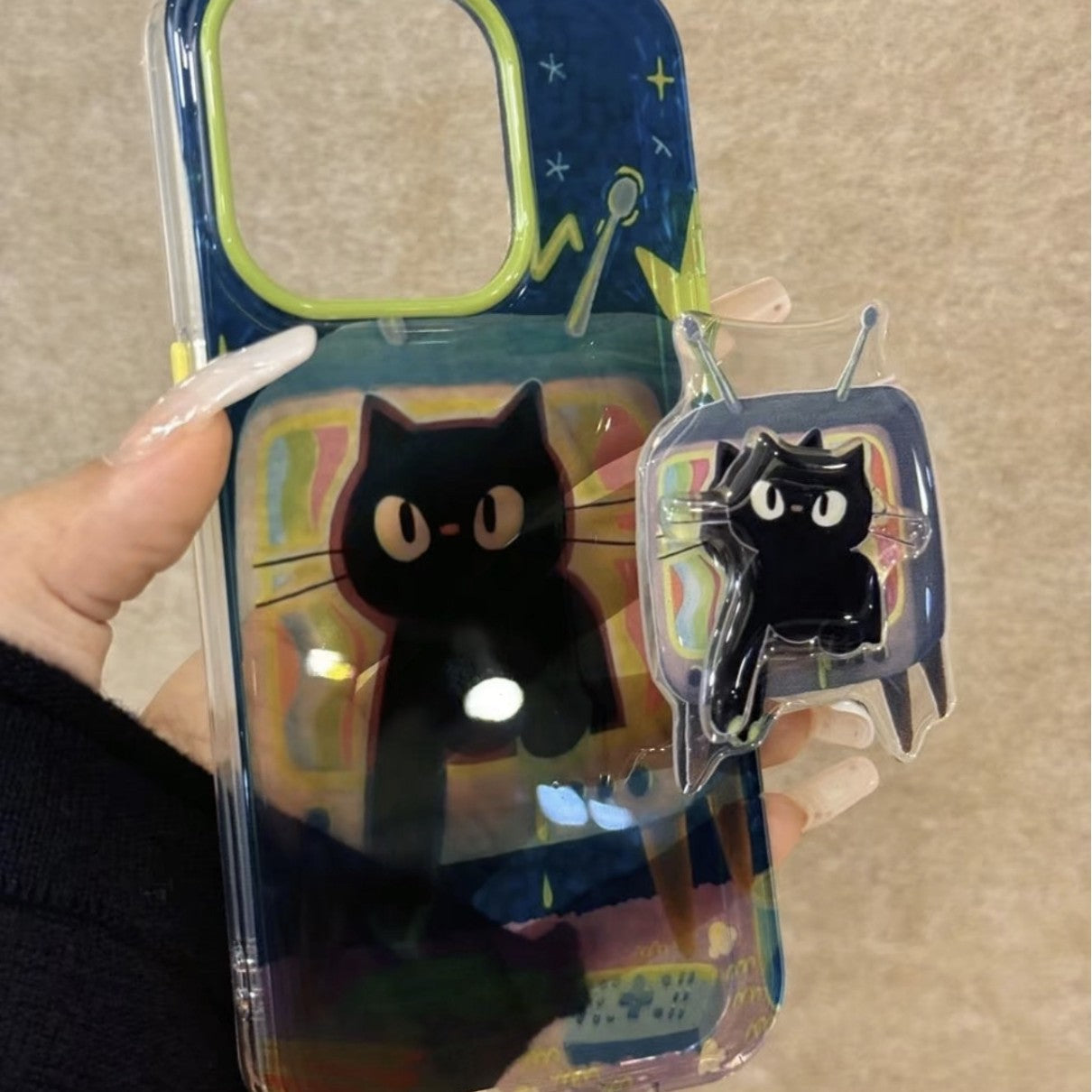 Oil Painting Black Cat TV Blue Background Cute Mobile Phone Case with Magnetic Bracket Suitable for iPhone16 iPhone15 iPhone14 iPhone13