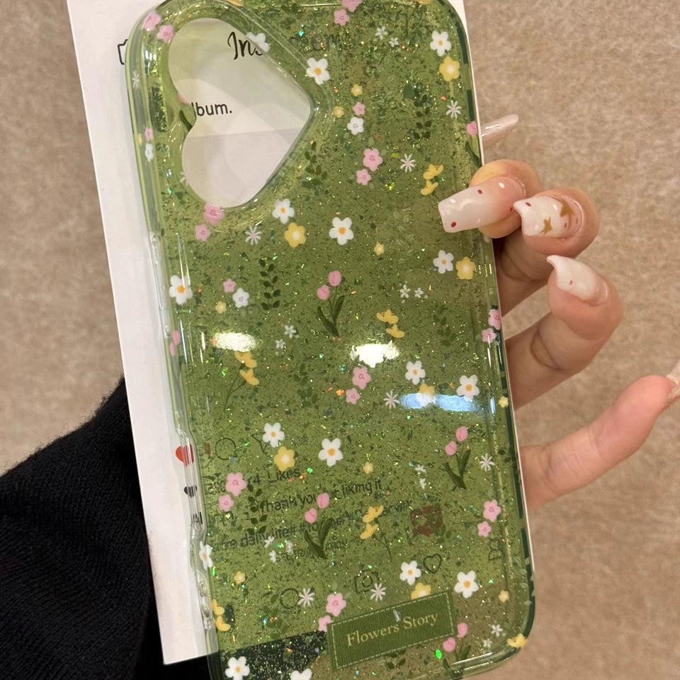 Translucent Green Pastoral Garden Glitter Flower Love Aesthetic Mobile Phone Case Suitable for iPhone16 iPhone15 iPhone14 iPhone13