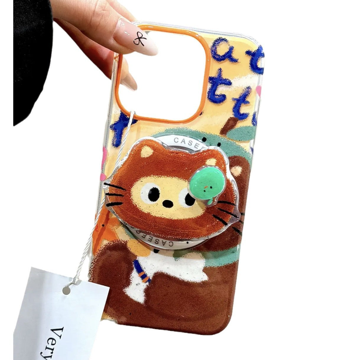 Cute Graffiti Hug Duck Bear Aesthetic Mobile Phone Case with Magnetic Bracket Suitable for iPhone16 iPhone15 iPhone14 iPhone13