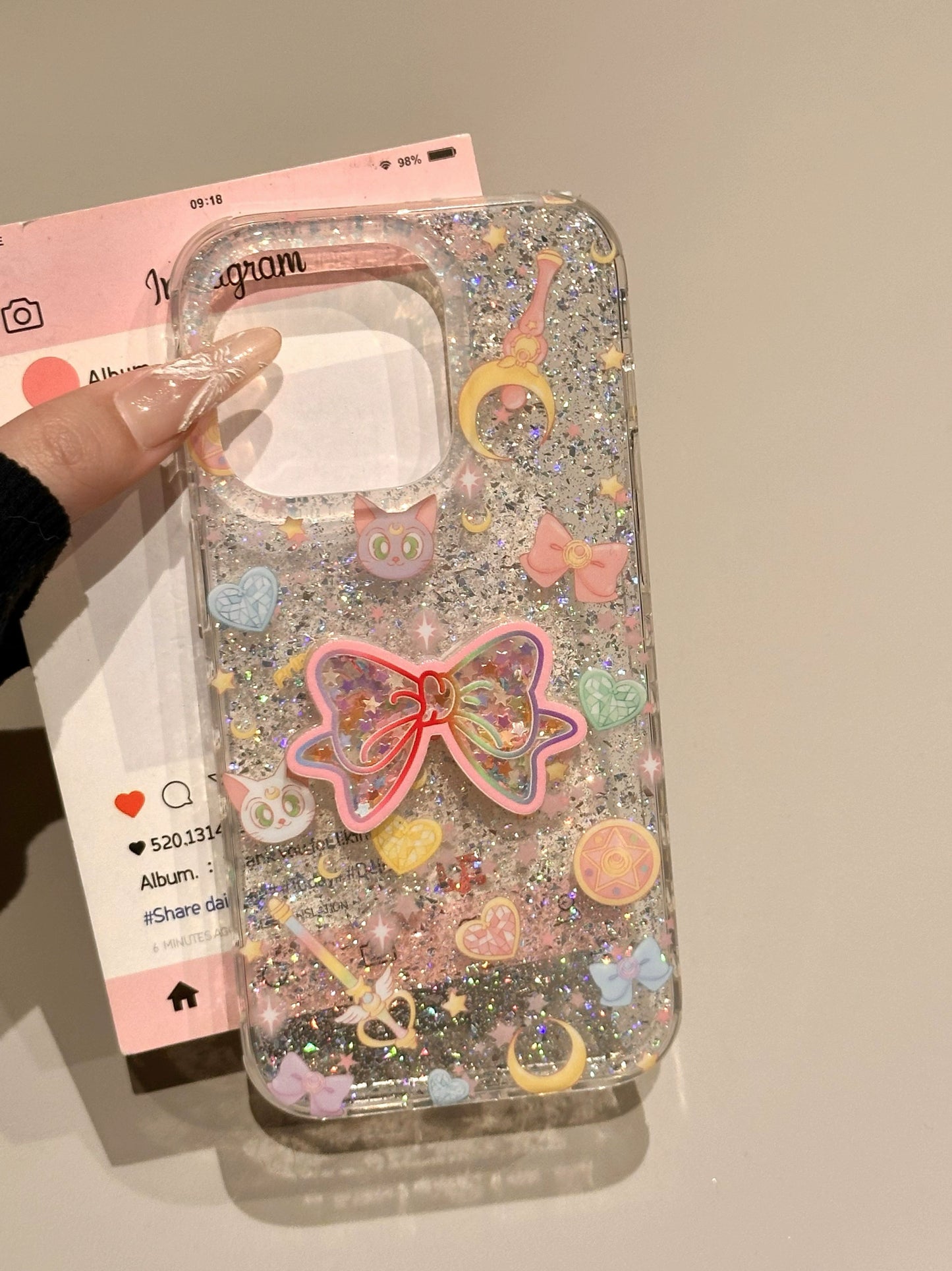 Cute Glitter Bow Black Cat Luna Double-sided Case Transparent Aesthetic Mobile Phone Case with Mobile Phone Chain Pendant Suitable for iPhone16 iPhone15 iPhone14 iPhone13