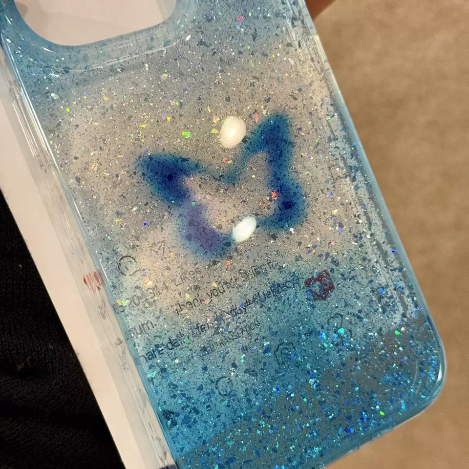 Translucent Blue Glitter Hollow Butterfly Art Aesthetic Phone Case, Soft and Sweet Girl Suitable for iPhone16 iPhone15 iPhone14 iPhone13