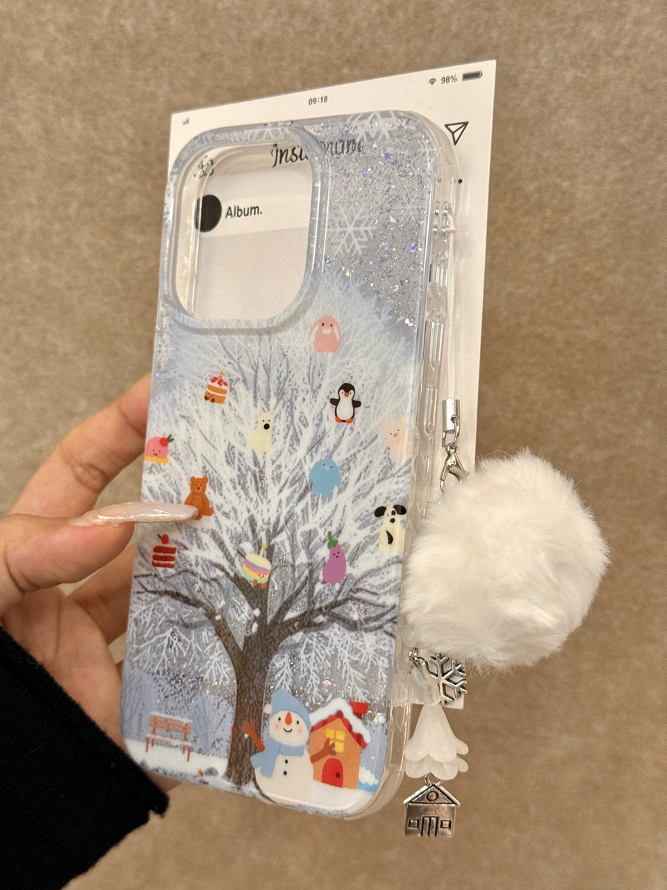 Winter Snow Scene Snow Tree Penguin Snowman Cute Little Animal Aesthetics Mobile Phone Case with Mobile Phone Chain Pendant Suitable for iPhone16 iPhone15 iPhone14 iPhone13