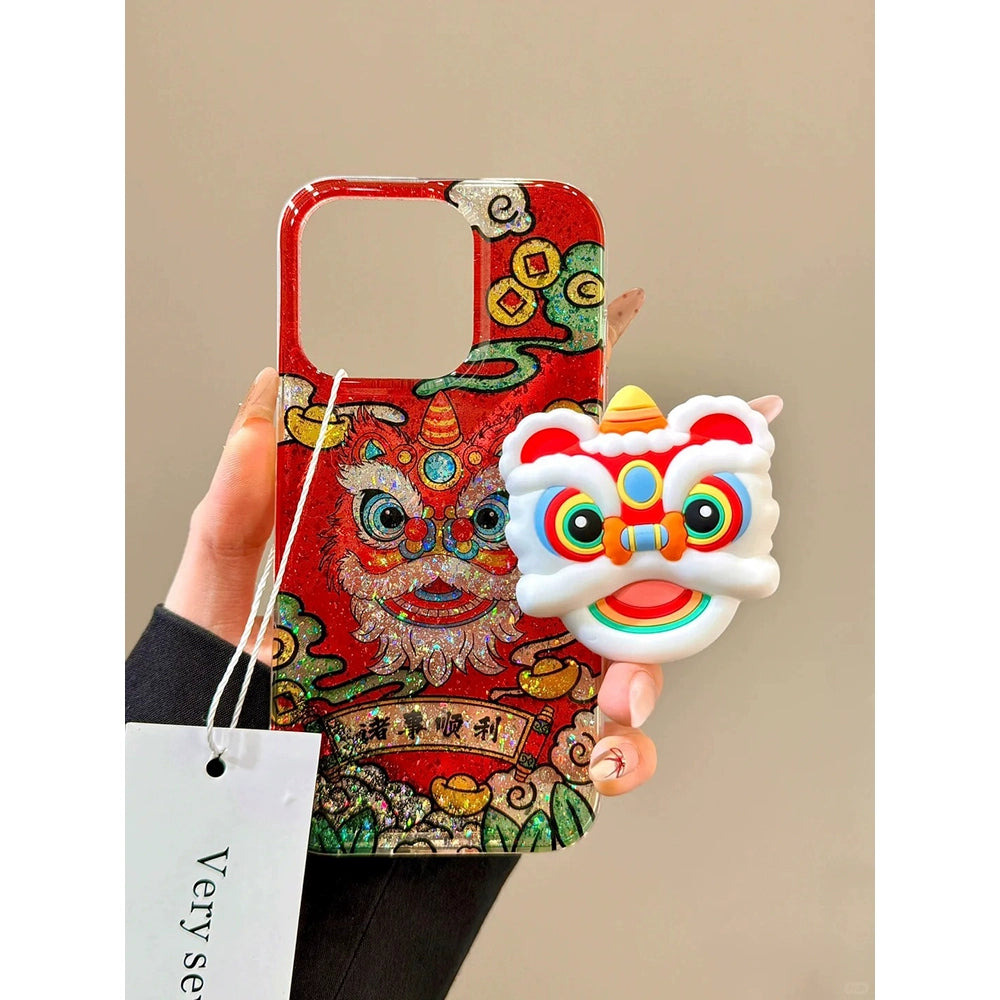 Everything Goes Well in The New Year, Lion Dance Red Lucky Aesthetics, Mobile Phone Case with Bracket Suitable for iPhone16 iPhone15 iPhone14 iPhone13