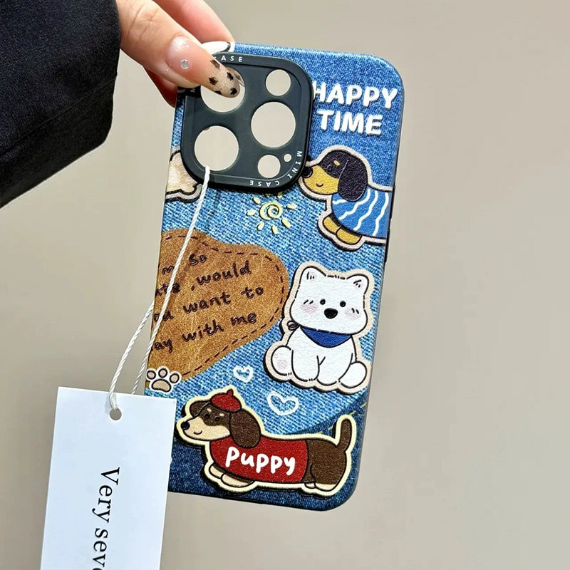 Retro Denim Blue Cat Dog Bracelet Cute Phone Case with Phone Chain Pendant Suitable for iPhone16 iPhone15 iPhone14 iPhone13